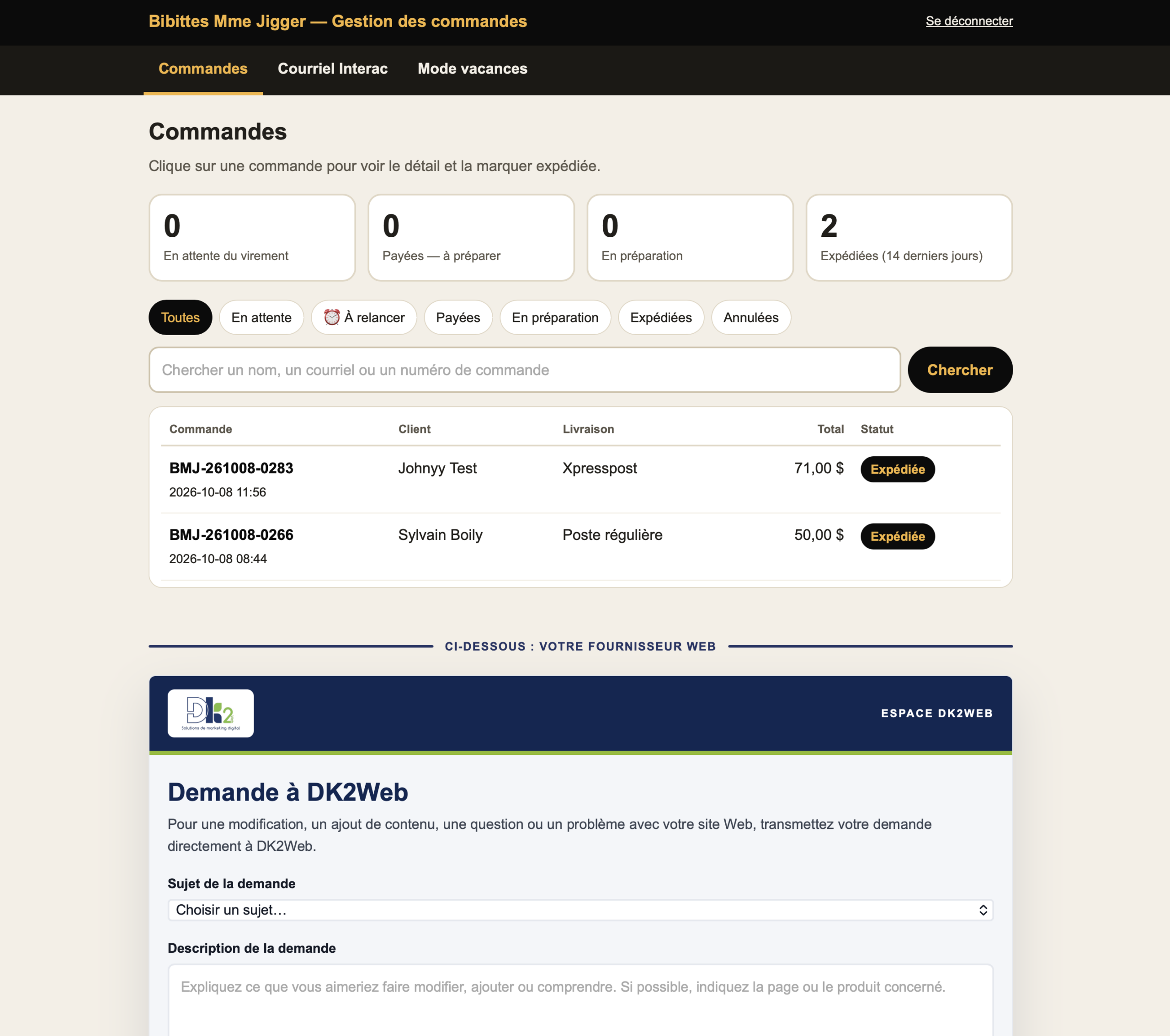 Capture anonymisée de la page de gestion des commandes pour les propriétaires de Bibittes Mme Jigger